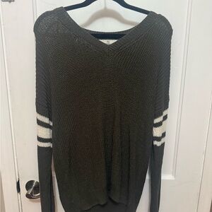 Olive Green V-Neck Sweater with Stripes